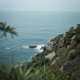 a view of the ocean from a cliff, a tilt shift photo by liam wong, unsplash, naturalism, cinematic view, terragen, shot on 7 0 mm