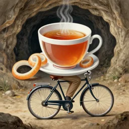 a cup of tea and onion rings riding on a bicycle in a cave, detailed scientific diagram