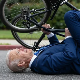 ultra realistic photo of joe biden falling off of his bike, film, perfect face, in the style of a candid photo, perfect face