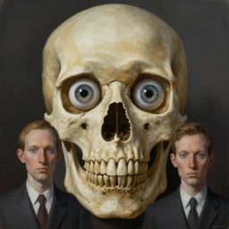 a surrealistic painting of a human skull with real eyeballs, in the style of rene magritte and zdzislaw beksinski and mark ryden, digital art, detailed masterpiece