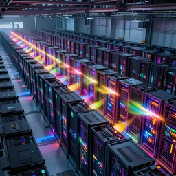 a massive GPU server farm churning out an infinite exhaust of creative images and carbon emissions, by liam wong, vibrant, colourful, 4k, lens flare, panoramic, cyberpunk