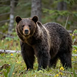 a bear as a field news reporter in the forest, photograph