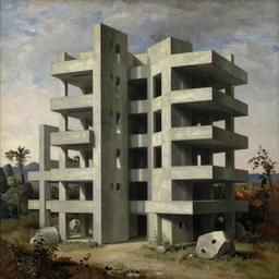 classical landscape paintings of brutalist concrete structures, masterpiece, insanely detailed and intricate, greeble, by eugene von guerard