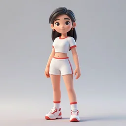3 d octane render character design of a latina cute girl using tight white and red raglan sleeves with tight blue jeans and cool shoes, having silky long black hair with bangs