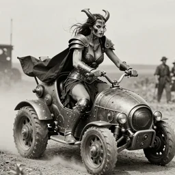 vertical movie frame with female warrior riding ancient steam punk buggy, hunting, armor inspired by diablo and fashion, strong blooded body, brutal blooded symmetrical face, epic, cinematic lighting, award winning, establishing shot, extremely high detail, photorealistic, brutal, provocative, natural lighting, octane render, old photo, vintage, black and white, sepia, old photography, documentary photography