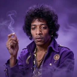 A mesmerizing 8k hyperrealistic portrait of a purple jimi hendrix transforming into a purple haze, soft, sharp focus, detailed, art by Alphonse Mucha