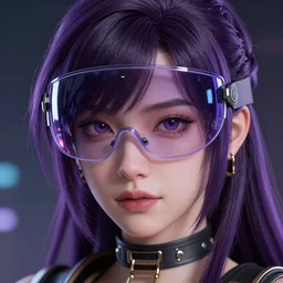 Close up portrait of a young Asian Cyberpunk woman with dark purple hair wearing a visor, hyperdetailed, artstation, cgsociety, 8k