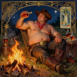 a dramatic, epic, ethereal painting of a !!handsome!! thicc chunky beefy mischievous shirtless !!cowboy!! with a beer belly wearing a large belt and bandana offering a whiskey bottle | he is relaxing by a campfire | background is a late night with food and jugs of whisky | homoerotic | stars, tarot card, art deco, art nouveau, intricate | by Mark Maggiori (((and Alphonse Mucha))) | trending on artstation