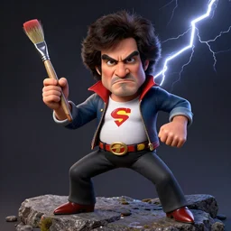 bob ross holding a paintbrush, dressed as a superhero, standing on rocky ground, angry expression, detailed facial features, lightning behind, dark background, action pose, ultra - detailed, intricate, detailed shadows and textures, 8 k, action pose, art by beksinski