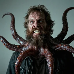 bearded man with living teeth and tentacles in the style of the horror film The Thing 1982. photograph.