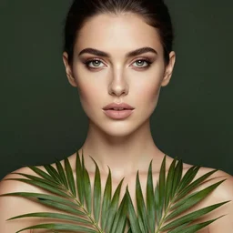 gorgeous female photo, professionally retouched, soft lighting, chest covered with palm leaves, realistic, smooth face, perfect eyes, wide angle, sharp focus on eyes, 8 k high definition, insanely detailed, intricate, elegant, oil painting art by omar ortiz