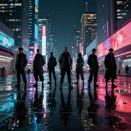 a cyberpunk cult in future tokyo at night, reflections on wet ground by sachin teng and pascal blanche nekro josan gonzalez rhads ruan jia. in style of digital art. cinematic lighting, film noirs, symmetry, vibrating colors, hyper detailed. octane render, artstation, clear, sharp, straight lines