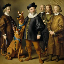scooby doo holding a gun, jan van eyck, james gurney, roger dean, jean pierre ugarte, caspar david frederich, caravaggio, mabel royds, sir lawrence almda - tadema, james audubon, albrecht durer, ito jakuchu, ansel adams, roger deakins, frank lloyd wright, rober adams, pieter s aenredam, andre le notre