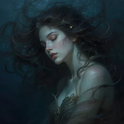 beautiful goddess portrait of a seductive twilight princess dreaming in underwater murky light, wind blown hair! dark fantasy esoteric, closeup, d & d, fantasy, intricate, elegant, highly detailed, digital painting, artstation, concept art, matte, sharp focus, illustration, art by artgerm and tom bagshaw and greg rutkowski and alphonse mucha