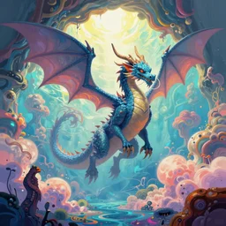 a digital painting of a dragon!!!!!! floating in a bright colorful sea cave surrounded by plumes!!!!!!, sharp focus, retro futuristic, 8 k, highly detailed, lovecraftian by skottie young