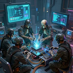 an army of cyberpunk skeleton maintenance workers fixing a modem, sharp lines, digital, artstation, colored in
