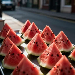a british street full of watermelon slices
