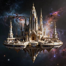 cinematic shot of a sci-fi space station with ornate Elven architecture floating in outer space, epic castle, epic nebula, Roger Dean, Chris Foss, artstation, sharp focus, realistic 8k, octane render, nvidia raytracing demo