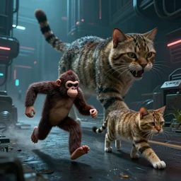 a 🐭 running away from a big cat 🐈, by mark ryden in cyberpunk environment, 4 k ultra high resolution, horror, long camera shot
