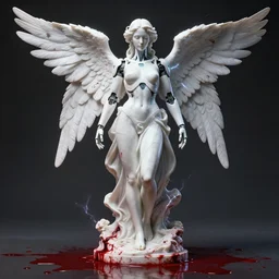 puddles of blood, a statue made of white marble covered in blood, of an gorgeous futuristic cybernetic angel girl, prostheses, transhumanism, full body shot, perfect symmetrical body, perfect symmetrical face, hyper realistic, hyper detailed, by peter kemp, by monia merlo, by michelangelo, octane render, volumetric lightning, blender, 8 k