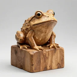 2 d vector, wooden chiseled frog statue, frog sitting on top of pedestal, crude, bare wood, splinters, inperfections, weathered, pedestal