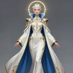 detailed beautiful noun in opened white gold blue coat, seductive confident pose, attractive feminine curves, intricate details, futuristic, alien, elegant cape, elegant, photorealism, trending on artstation, sharp, holy halo, advanced technology, art by moebius and vitaly bulgarov and chanthara