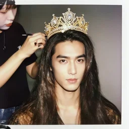 handsome man with shiny and silky long hair getting hair styled by a hair queen wearing a golden crown studded with sparkling diamonds, instamatic