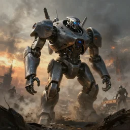 world war 3 robot concept art battlefield photorealism painting 4 k hyper detailed bleak eerie smoke dramatic lighting sunset smoke