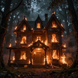 burning haunted house in the woods warmth stylized artgerm artstation hd cgsociety cgi realistic dramatic cinematic artistic trending detailed