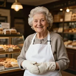 a smiling lovely cute granny in a white french bakery apron and mitts. dim lit french bakery background. beautiful lighting, editorial photography, award - winning