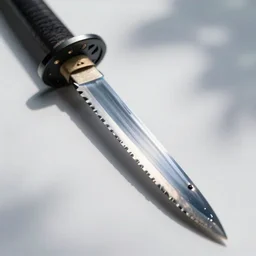 Katana made out of a water Blade reflecting all light, white background with shadows, 40nm lens, shallow depth of field,