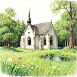 abandoned gothic church in a forest flower meadow with a pond landscape, colored pencil drawing