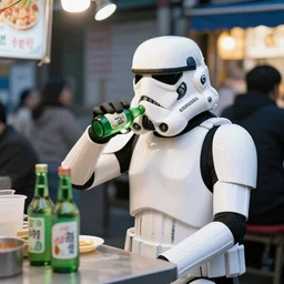 storm trooper drinking soju at a street vendor in seoul