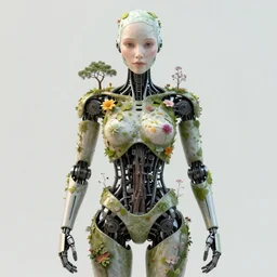humanoid robot, flowers growing on skin, highly detailed, trees, expressive eyes, beautiful symmetric body, perfect proportions, highly intricate, art by tom bagshaw and alex gray