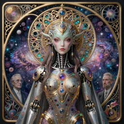 detailed realistic beautiful young cher alien robot as queen of andromeda galaxy portrait, art nouveau, symbolist, visionary, baroque, giant fractal details. horizontal symmetry by iris van herpen, raymond swanland and alphonse mucha. highly detailed, hyper - real, beautiful