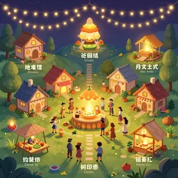 a small village, a harvest festival, infographic with illustrations, glowing lights, epic fantasy, colorfully, digital art, highly saturated colors, concept art, detailed illustration, hd, 4 k, digital art, greg rutkowski, dan mumford, studio ghibli trending on artstation