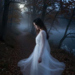 a double exposure of a beautiful side view portrait from above of a mystical young woman looking down, apparition, transparent, ghostly, white dress, motion blur, with a landscape photo of an autumn misty night forest, forest trail, lake, dappled moonlight
