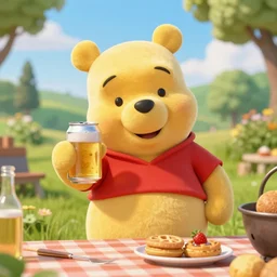 winnie the pooh holding a can of beer at a summer barbeque, photorealistic, highly detailed