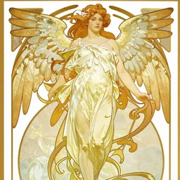 A Nike Goddess of Victory with wings and wearing Nike leggings by Alphonse Mucha and Yoji Shinkawa in the syle of Art Noveau