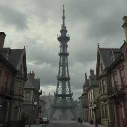 A street-level view of a gloomy fantasy Victorian-era town, single-point perspective centered in a radio tall, foreboding radio tower with cast-iron walkways; muted colors cloudy weather by Simon Stålenhag and Thomas Kinkade and Greg Rutkowski, trending on artstation, 4k