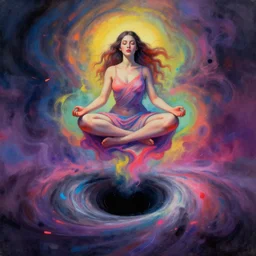 a surrealistic portrait of a meditating woman floating above a black hole, the birth of the singularity, airbrushed, smoky swirls, vibrant colors, vaporwave neonpunk, paint splashes, shadows, rule of thirds, detailed digital matte painting by jan van eyck