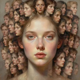 a human face made out of a multitude of hundred human faces, fantasy, intricate, elegant, highly detailed, lifelike, photorealistic, digital painting, artstation, illustration, concept art, smooth, sharp focus, naturalism, trending on byron's - muse, by greg rutkowski and peter mohrbacher and greg staples