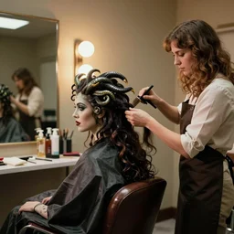 Medusa the Gorgon chatting with her hairdresser at the salon in the 50s
