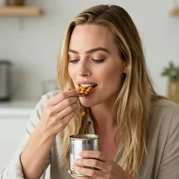 margot robbie eating beans from a can