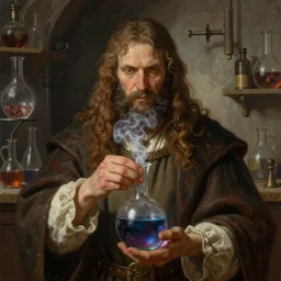 a super detailed illustration portrait painting of a alchemist holding brewing, smoking potion, medieval lab setting, d & d rpg portrait, hires headshot, 4 k, symmetrical, centered, art by tim hildebrandt and frank frazetta and gerald brom