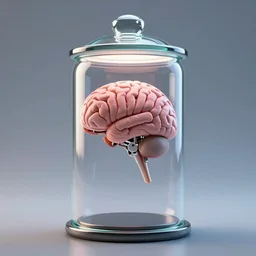 Cinematic Imax depiction of a brain in jar cyborg in the style of Salvador Dali, blue color palette with brightened hues