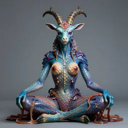 a portrait photograph of a meditating fierce sadie sink as a colorful harpy antilope super villian with slimy amphibian scaled blue skin. her body is partially transformed into a beast. by donato giancola, hans holbein, walton ford, gaston bussiere, peter mohrbacher and brian froud. 8 k, cgsociety, fashion editorial