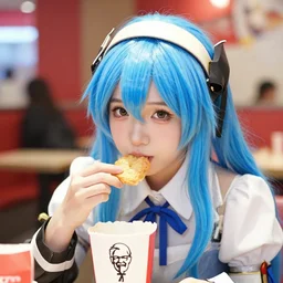 portrait photo still of adorable real life lucina from fire emblem eating in a kfc!!, 8 k, 8 5 mm f 1. 8, blue hair, headgear