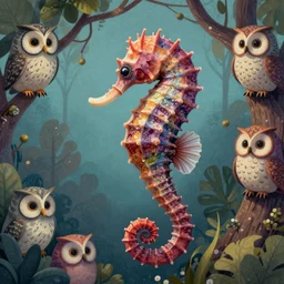a beautiful ultradetailed surreal illustration of an elephant trunk with the body of a seahorse, surrounded by owl eyes hanging from a tree by kevin sloan,   trending in artstation, colorful, 4K