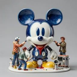 ceramic toy netflix movie studio with mechanics trying to fix a huge bleeding mickey head, diorama, dof, zeiss lens, detailed, centered, fashion photoshoot, by nicoletta ceccoli, mark ryden, lostfish, artgerm and beeple, shiny, breathtaking, 8 k resolution, extremely detailed, beautiful, artistic, hyperrealistic, octane render